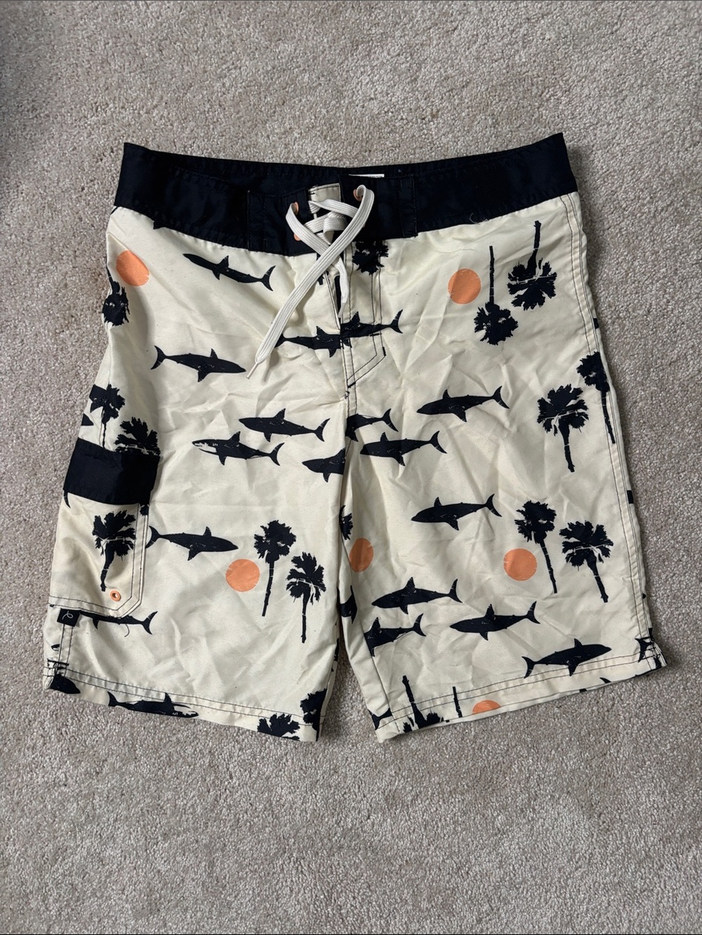 Art Class Black and Cream Swim Shorts with Shark Print